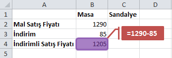 Temel İşlemler Bir hücreye =4+5 yazıldığında hücrede 9 değeri görülür. Bu yazım toplama işlemi yapmak için yazılmış bir ifadedir.