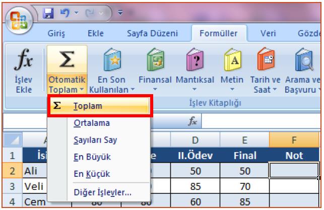 Şekil 119 Otomatik Toplam Formül aşağıdaki