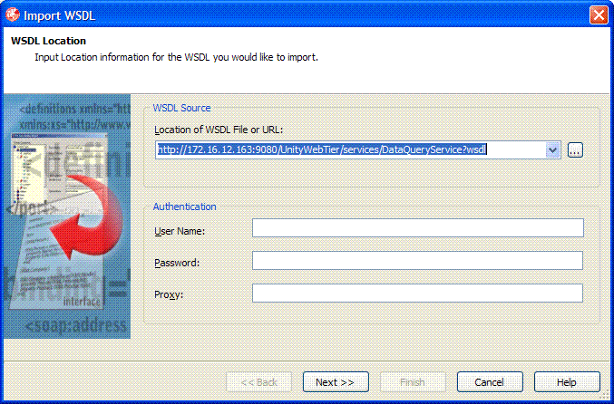 Açılan pencereden "WSDL Source" bölümüne wsdl adresi yazılır ve Next tuşuna basılır.