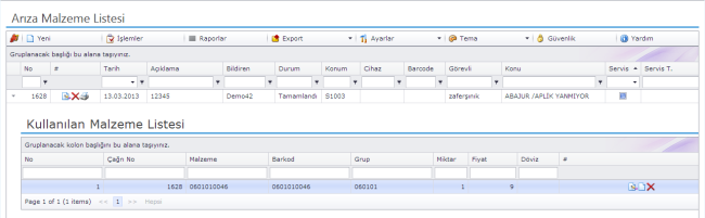 Teknik Servis Yönetimi Stok ve Parça Kontrolü Her arıza için kullanılan malzemeleri girerek tüketim işlemini