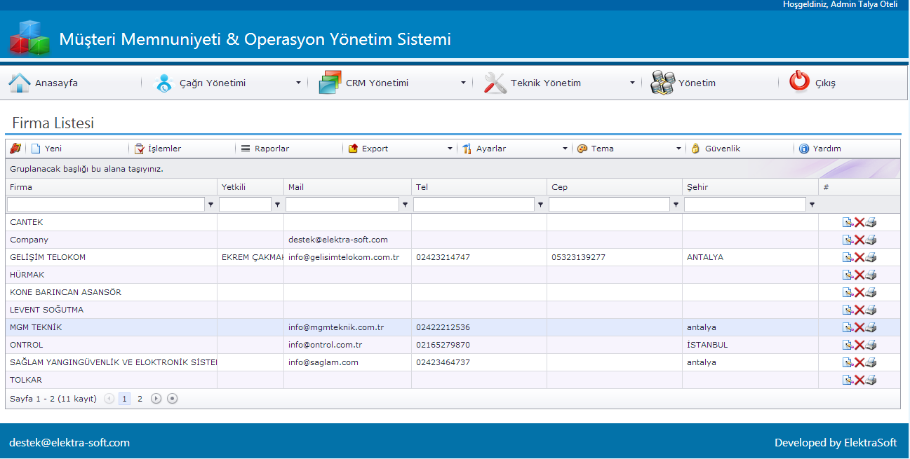 Teknik Servis Yönetimi Servis Firmaları Servis Sözleşmelerini ve firmalarını kaydedebilirsiniz.