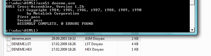 Program Derleme (.asm) 8052 programlama dilinde program yazılır (deneme.asm) asm51 deneme.asm komutuyla derlenir hata yoksa; çıkış dosyaları üretilir.