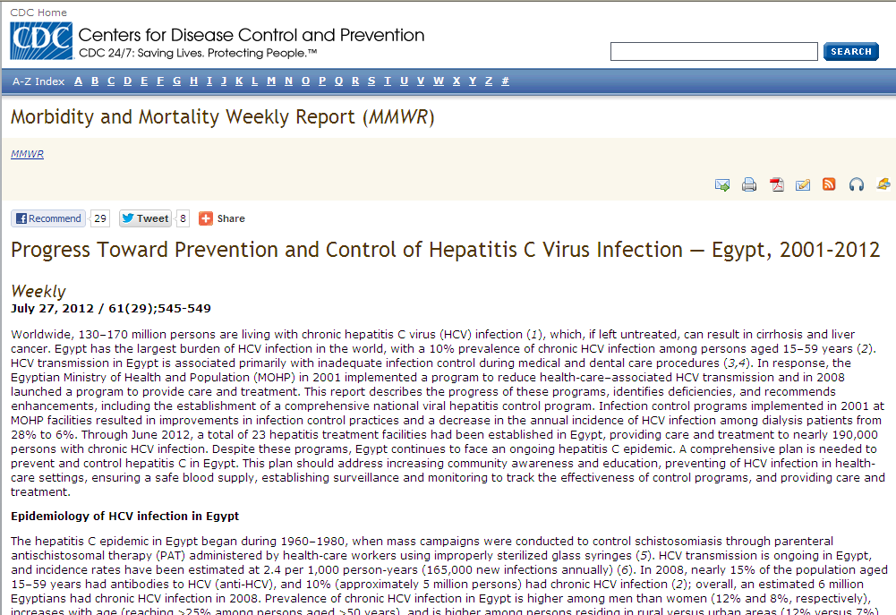 Mısırda 2001 yılında sağlık bakımı ilişkili HCV bulaşını azaltmaya yönelik bir program başlatıldı Bu programla