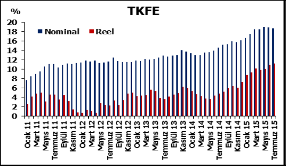 FAALİYET DÖNEMİNİN DEĞERLENDİRİLMESİ Grafik 14. Türkiye Konut Fiyat Endeksi ve Birim Kullanım Fiyatı Kaynak: TCMB TKFE nin nominal ve reel fiyat değişimleri de aşağıdaki grafikte verilmiştir.