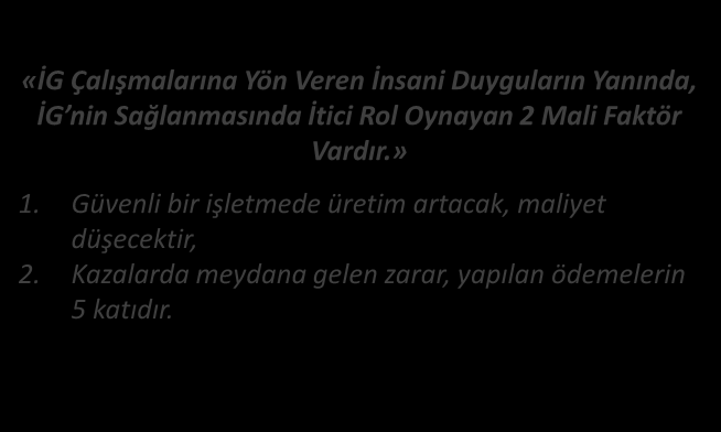 İŞ GÜVENLİĞİ ONUNCU PRENSİBİ Prensip-10 «İG Çalışmalarına Yön Veren İnsani Duyguların Yanında, İG nin Sağlanmasında İtici Rol Oynayan 2 Mali