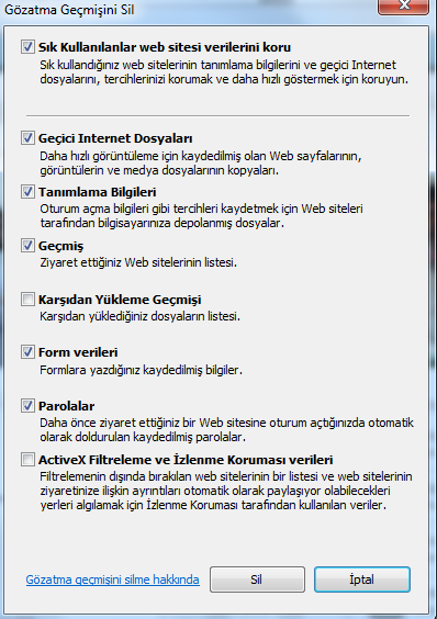 3. Açılan pencereden silinmek istenen özellikler seçilir ve Sil tuşuna basılır.