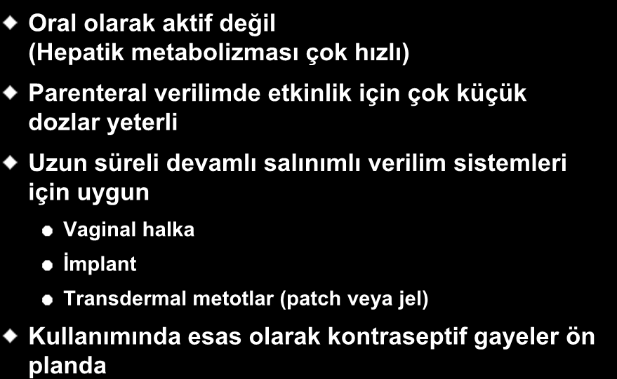 Nestorone (NES): özellikleri Oral olarak aktif değil (Hepatik metabolizması çok hızlı) Parenteral verilimde etkinlik için çok küçük dozlar yeterli Uzun süreli