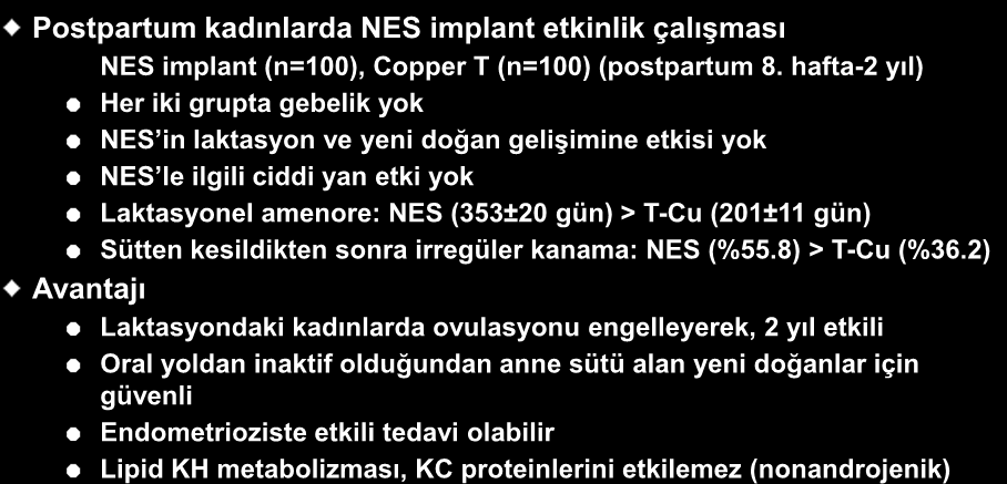 NES içeren subdermal implantlar NES İmplant: 4 cm silikon tek çubuk 80 mg NES içeriyor 100 mg/gün NES salınımı Postpartum kadınlarda NES implant etkinlik çalışması NES implant (n=100), Copper T