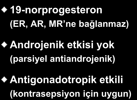 Nomegestrol Asetat (NOMAc) 19-norprogesteron (ER, AR, MR ne bağlanmaz) Androjenik