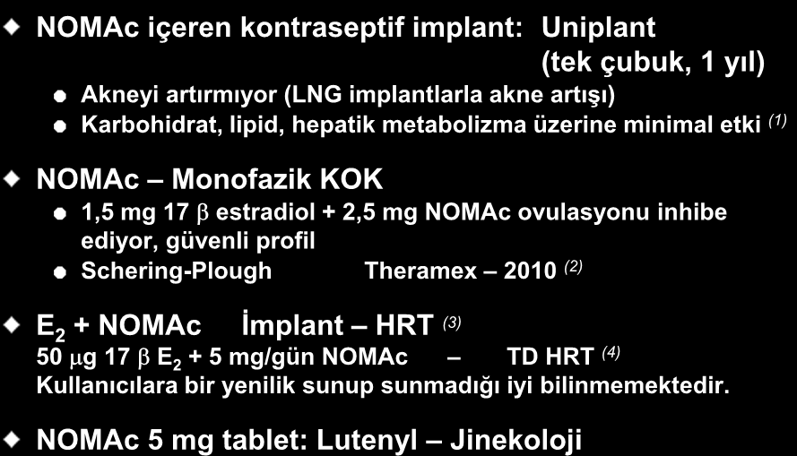 Nomegestrol Asetat (NOMAc) NOMAc içeren kontraseptif implant: Uniplant (tek çubuk, 1 yıl) Akneyi artırmıyor (LNG implantlarla akne artışı) Karbohidrat, lipid, hepatik metabolizma üzerine minimal etki