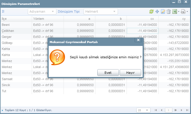 Sil işlemi, ekranın sağ üst köşesinde bulunan sil butonu ile kayıtlı dönüşüm parametreleri silinebilir.