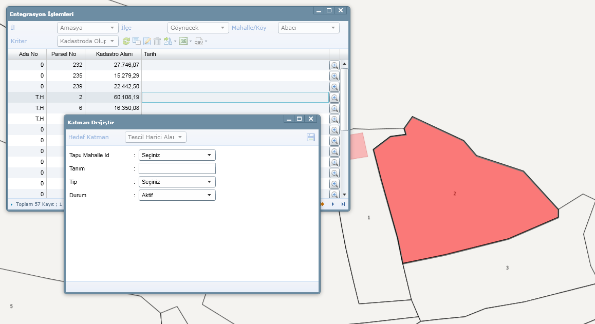 Şekil 21: MEGSIS_Veri_Islemleri_21 Şekil 22: MEGSIS_Veri_Islemleri_22 Tapuda olup kadastroda olmayan parseller kriteri seçilerek yapılan