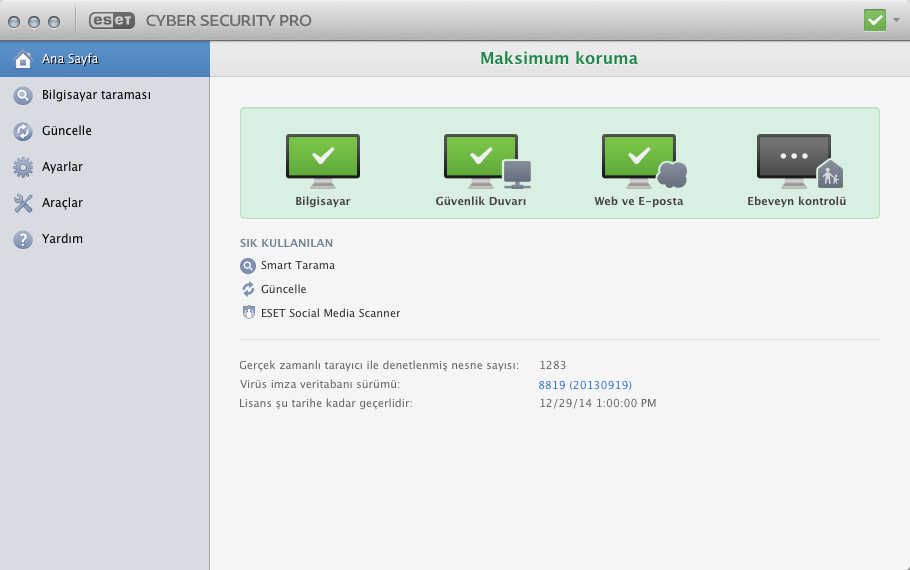 Kullanıcı arabirimi Ana Sayfa bölümü, size bilgisayarinizin geçerli koruma düzeyi ile ilgili bilgiler saglar. Bilgisayar taramasi, her antivirus çözümünün önemli bir parçasidir.