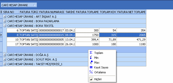 Hesaplama Fonksiyonları : Đstenilen bir kolona göre toplam, ortalama, maximum ya da minimum değer hesaplatılabilir.