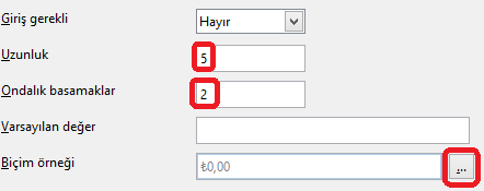 Otomatik değer özelliğini Evet olarak ayarlayalım. Harclik adında bir alan oluşturalım. Veri türüni Sayı olarak belirleyelim. Uzunluğu 5 olarak belirleyelim. Sağ alt köşedeki düğmeye tıklayalım.