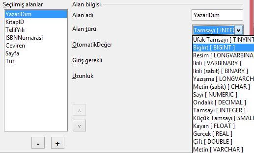 > düğmesi ile seçili alanı sağ liste kutusuna ekler. >> düğmesi ile tüm alanları seçilmiş alanlar listesine ekler. < düğmesi ile seçilmiş alanlar listesinden eklenen alan tekrar geri alınır.