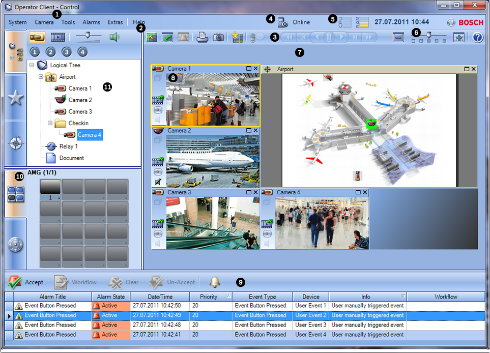 42 tr Kullanıcı arayüzü Bosch Video Management System 11 Kullanıcı arayüzü Bu bölümde, Bosch Video Management System Operator Client uygulamasındaki tüm kullanılabilir pencereler hakkında bilgiler