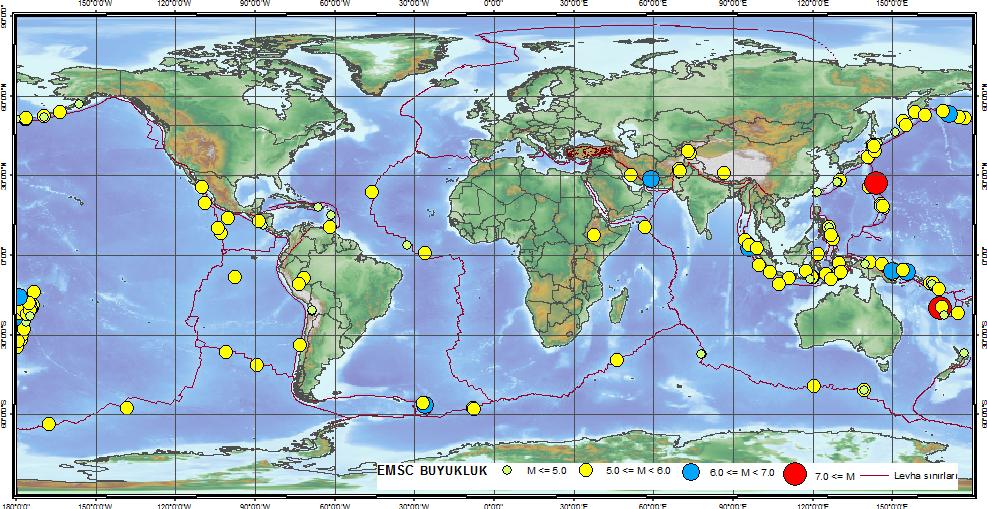 2010 ARALIK AYINDA DÜNYA DA ÖNE ÇIKAN DEPREM AKTİVİTELERİ 2010 Aralık ayı içerisinde Dünya da büyüklüğü 5 ve üzeri olan toplam 295 deprem meydana gelmiģtir (ġekil 10) (EMSC).
