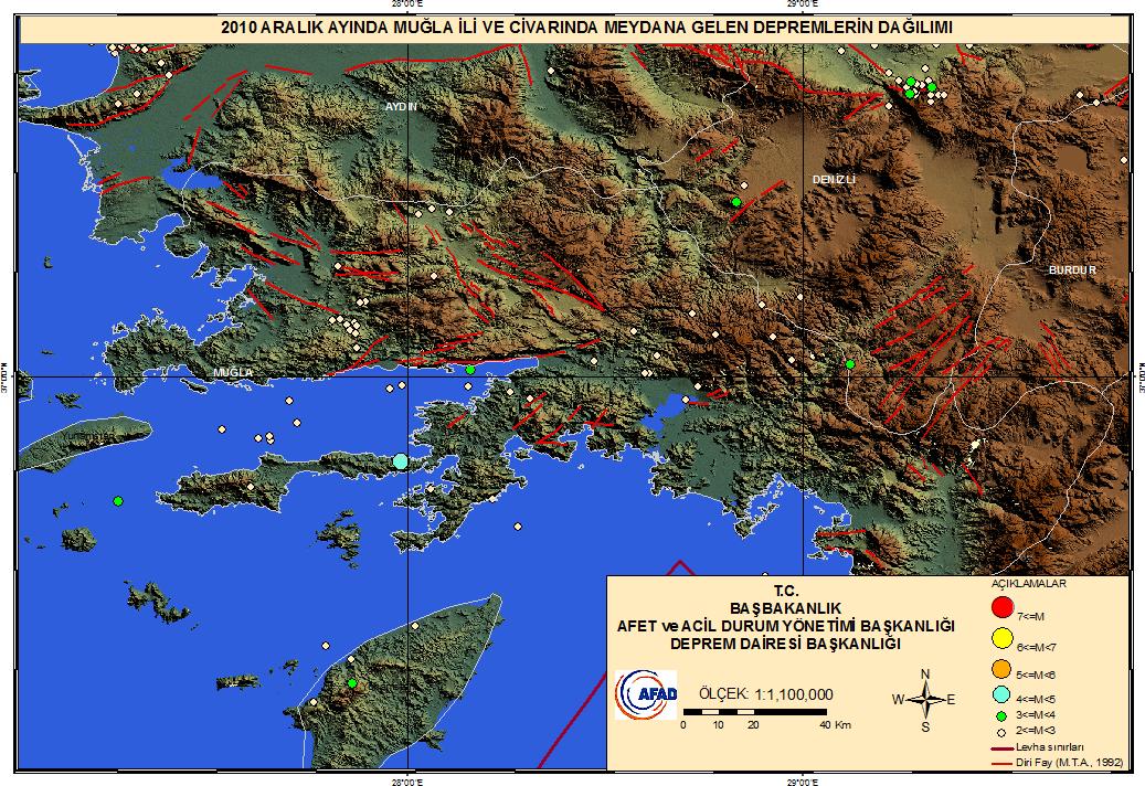 Tablo 1. 2010 Kasım ayında Türkiye de meydana gelen M>=4.0 olan depremler Zaman (UTC) Enlem (K) Boylam (D) Büyüklük Yer 04/12/2010 03:49 36.8725 26.7175 4 EGE DENIZI 05/12/2010 23:20 35.2735 28.