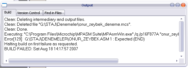 Resim 21: Output Penceresi ADIM 18: Derleme işlemi başarı ile sonuçlanmış ise projenin kayıtlı olduğu dosyada.hex dosyası oluşur.