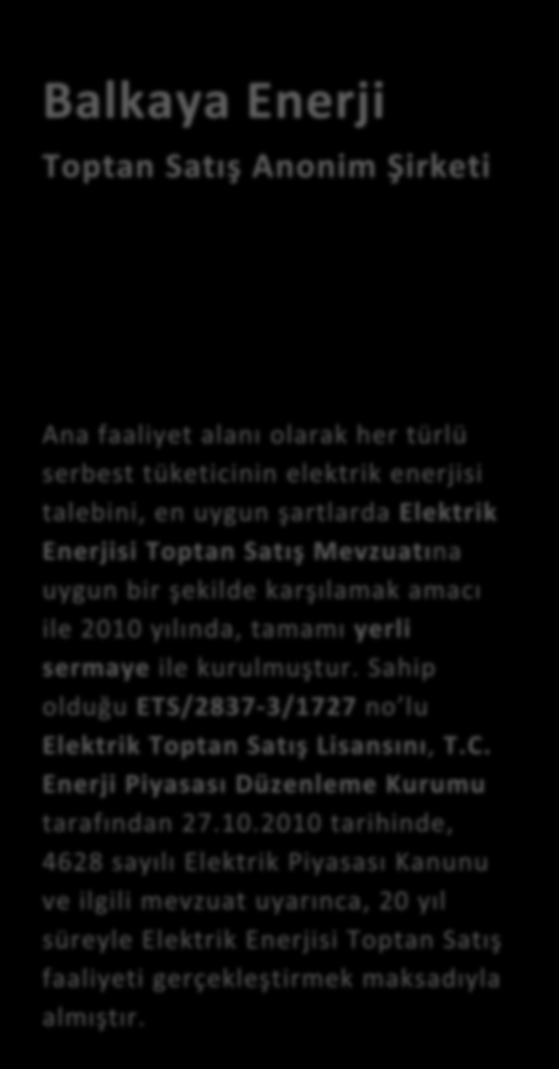 Sahip olduğu ETS/2837-3/1727 no lu Elektrik Toptan Satış Lisansını, T.C. Enerji Piyasası Düzenleme Kurumu tarafından 27.10.