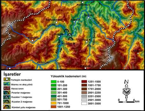 ALİ UZUN - HALİL İBRAHİM ZEYBEK - CEVDET YILMAZ - MUHAMMET BAHADIR Şekil 2: Mağaralar sahasının sayısal yükselti modeli (DEM) haritası ve mağaraların konumları.