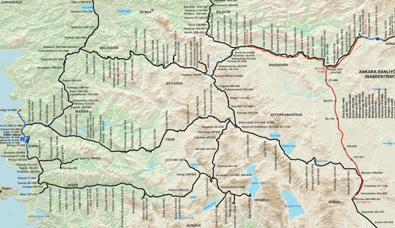 Harita 18 - Manisa Çevresinin Trafik Hacim Haritası Kaynak: Karayolları Genel Müdürlüğü (2012) İldeki demiryolu ağları ile karayolu ağlarında yoğun olarak kullanılan hatlar benzerlik göstermektedir.