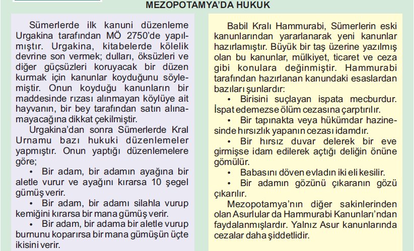 NOT: Tarihte ilk yazılı hukuk kuralları Sümerler tarafından oluşturulmuştur. Bu özellikleri ile Sümerlilere dünyadaki ilk Hukuk devleti denebilir.