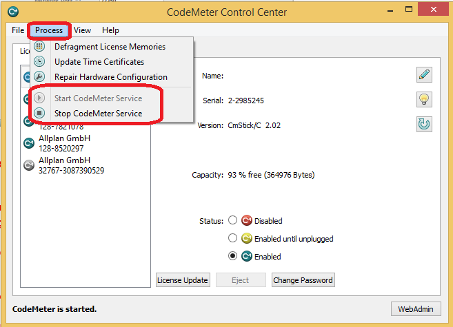 License Server Kurulumu (İsteğe Bağlı) CodeMeter WebAdmin uygulaması aracılığıyla lisans sunucusu yönetin. Lisans Sunucusu hizmeti başlatıldı ve CodeMeter Control Center üzerinden durdurulabilir.