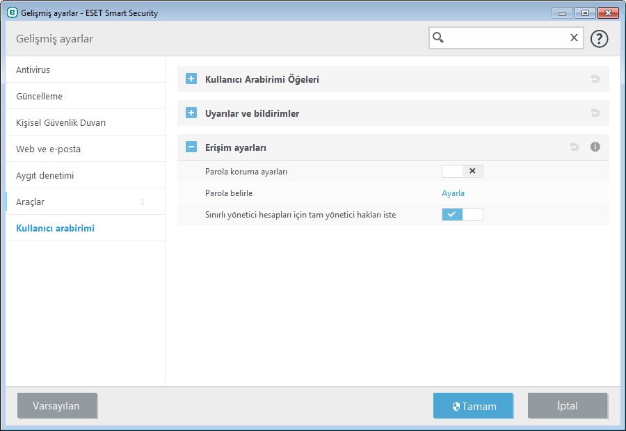 4.7.4 Erişim ayarları ESET Smart Security ayarları, güvenlik politikanızın önemli bir parçasıdır.
