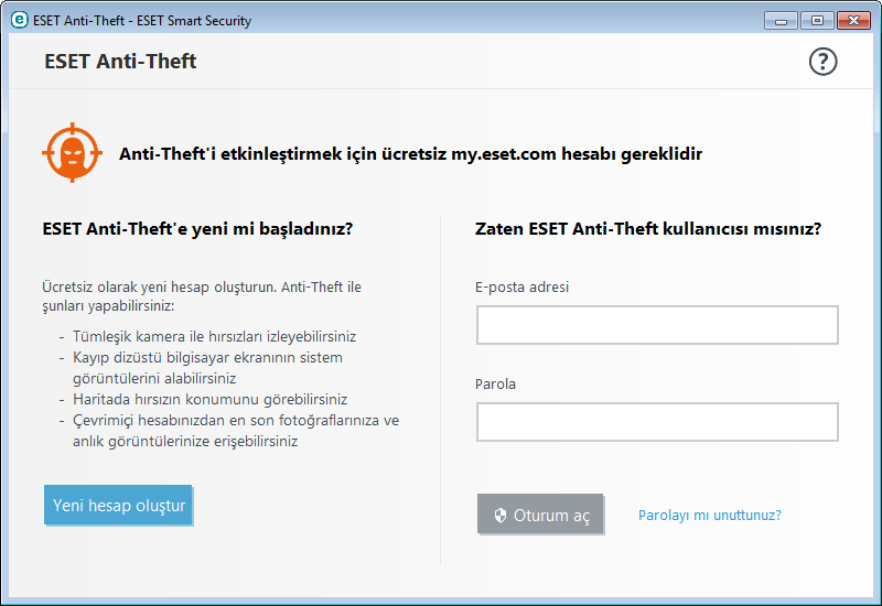 3.4 Anti-Theft Kaybolması veya çalınması durumunda bilgisayarınızı korumak için bilgisayarınızı ESET Anti-Theft sistemine kaydetmek üzere aşağıdaki seçeneklerden birini belirleyin. 1.