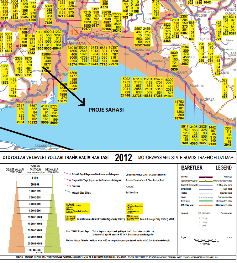 Karayolları Genel Müdürlüğü Program ve İzleme Dairesi Başkanlığı Ulaşım ve Maliyet Etütleri Şubesi Müdürlüğü tarafından gerçekleştirilen 2012 Yılı Otoyollar ve Devlet Yolları Trafik Hacim Haritası