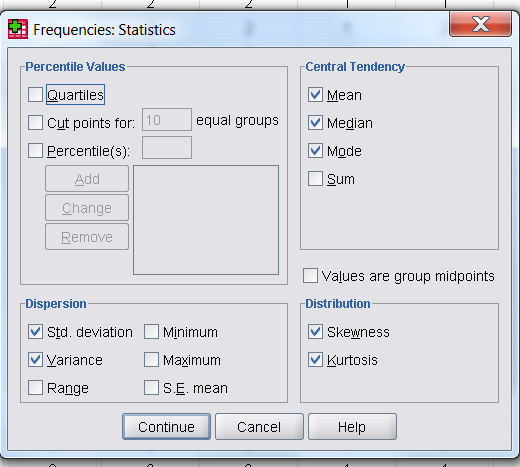 Sonrasında programın size verdiği tablo değerlerini kullanarak (Mode, Median, Mean, Skewness, Std.Err. of Skewness, Kurtosis, Std. Err. of Kurtasis) verinin çarpıklık ve basıklığını yorumlayınız.