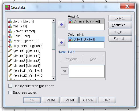 Daha sonra Crosstabs ekranının Statistics menüsünden Chi_square seçeneğini işaretleyiniz. SPSS çıktısını (aşağıda görüldüğü gibi) kullanarak hipotezlerinizi test ediniz.