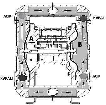 Aşağıdaki şemada pompanın çalışma prensibi anlatılmıştır. Pompada iki adet valf sistemi bulunmaktadır. Pompa dışı valf, havayı diyaframlara dağıtır.