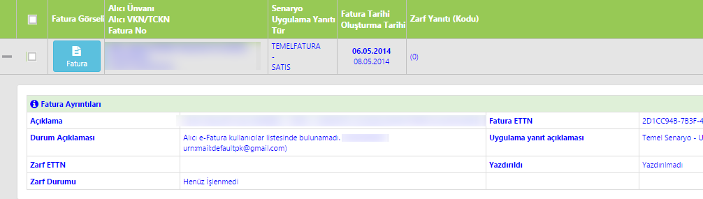 Hata durum kodu almış e-faturalar LogoConnect te Kırmızı renkte görünmektedir.