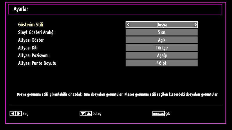 0..9 (Rakam Tuşları): TV, uzaktan kumandanızdaki rakam tuşlarıyla girdiğiniz harfle başlayan dosyaya atlar. Bunu Oynat (OK tuşu): Seçilen dosyayı oynatır.