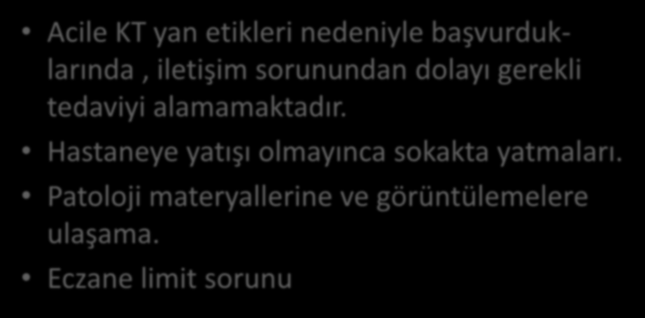 Acile KT yan etikleri nedeniyle başvurduklarında, iletişim sorunundan dolayı gerekli tedaviyi alamamaktadır.