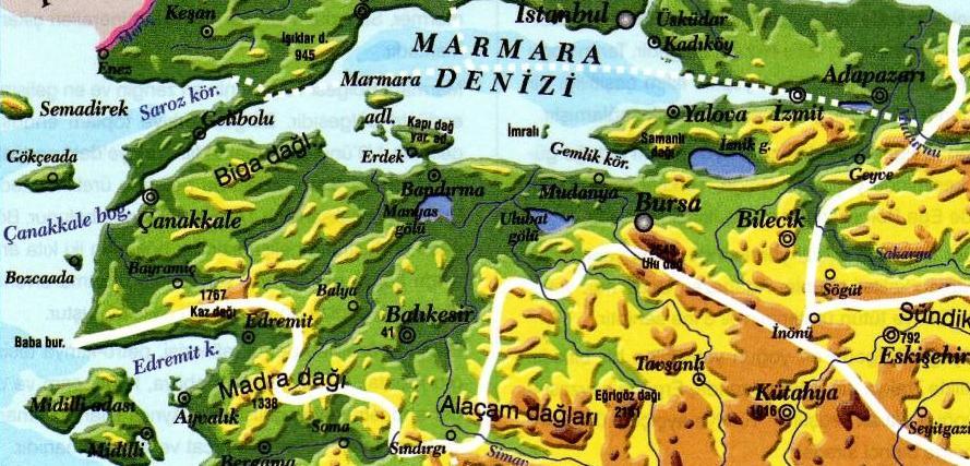 Bölümde orta yükseltideki Kazdağı, Samanlı Dağları ve Uludağ yer alır.
