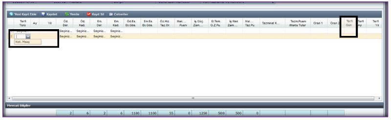 Yukarıda sayılan işlem kodları seçildikten sonra form üzerinde bulunan TERFİ butonuna basıldığında aşağıdaki form ekrana gelecektir. Ekrana Gelen TERFİ formunda YENİ KAYIT EKLE butonuna basılır.