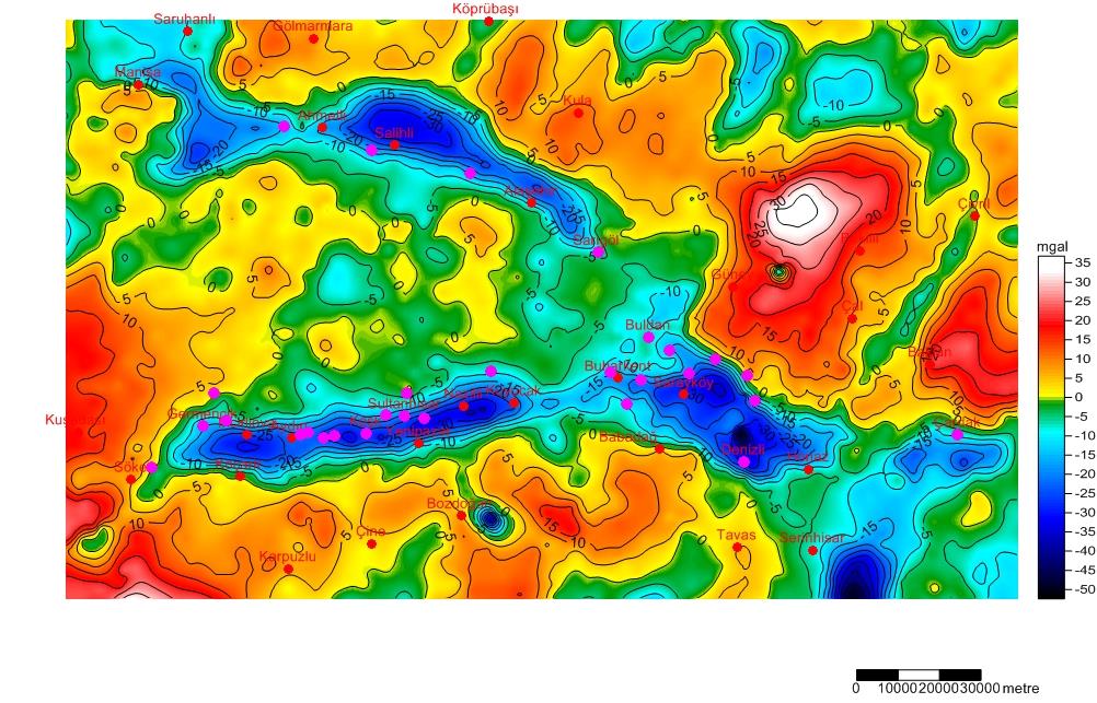 Menderes ve Gediz Grabenleri üzerindeki Jeotermal Alanların Rejyonal Gravite Anomalileri Renk