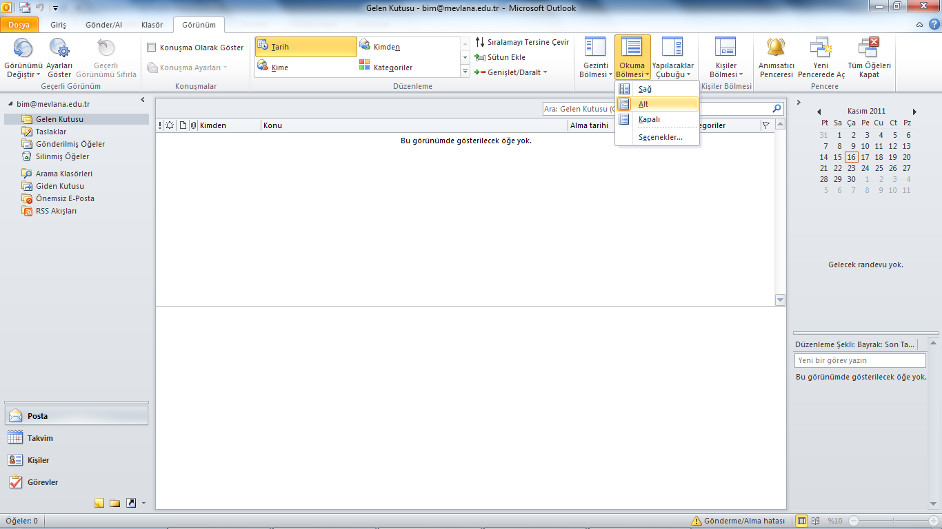 Görünüm Ayarlarını Düzenlemek Outlook 2010 da maillerinizi rahatlıkla okuyabileceğiniz görünüm ayarları yapabiliriz.