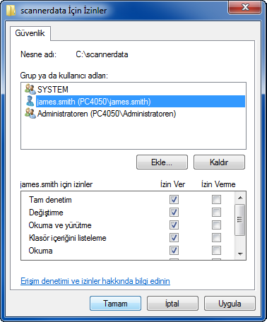 Gönderme > Bir Belgenin Bir Bilgisayara Gönderilmesi için Hazırlık 4 3 Girilen kullanıcıyı seçin, Değiştir ve Oku izinlerini seçin. Windows XP'de, adım 6'ya geçin.