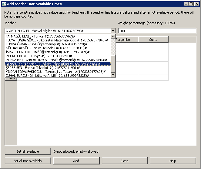 Bu ekranda Add (Ekle), Modify (Düzelt), Remove (Sil), Close (Kapat) bulunmaktadır. Filter (Filtre) eklenmiş olan çok sayısı kısıtlama var ise bunlar arasında aradığınızı kolay bulmanızı sağlar.