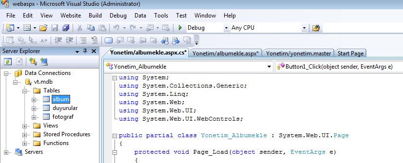 Veri tabanında iki tablo oluşturuyoruz, adları album,fotograf. Bunu şöyle yapıyoruz, Solution Explorerdeki vt.