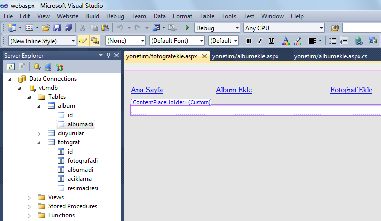 Yönetim/albumekle.aspx sayfamıza Literal ve GridView ekliyoruz.gridview un Tasks penceresinde Choose Data Source New Data Source Acces Data Base Browse App_Data vt.mdb OK ~/App_Data/vt.