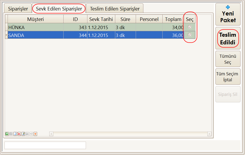 Sevk edilen siparişlerin müşterilere teslim edildiği bilgisi, kurye tarafından tarafımıza bildirildiğinde, Sevk Edilen Siparişler sekmesinde sipariş seçimleri yapılarak Teslim Edildi butonu ile