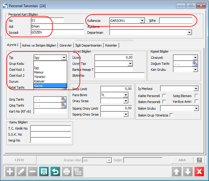 No : Personel kartı için verilecek numara, personel sicil numarası olarak da tanımlanabilir. Kullanıcısı : Manager programında tanımlanan kullanıcı seçilir.
