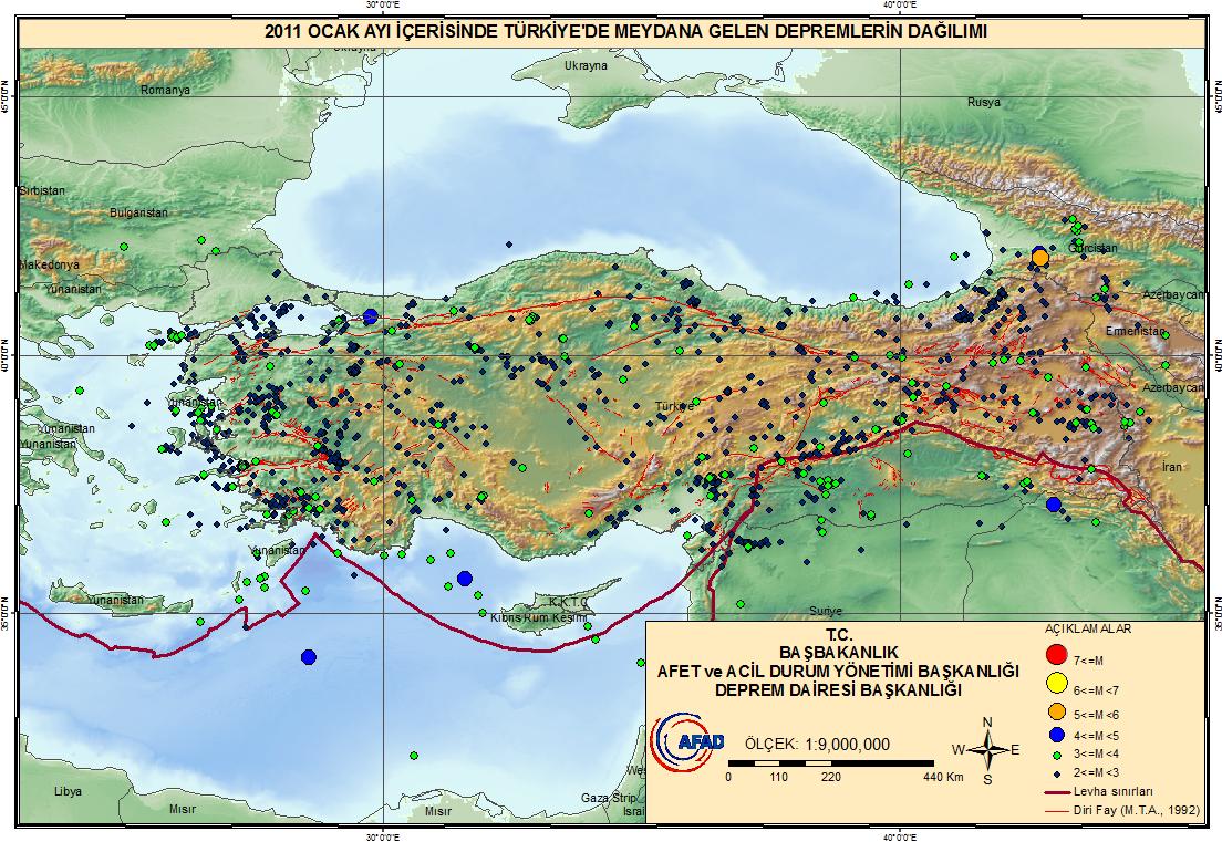 Ocak ayı içerisinde meydana gelen 4 ve üzeri olan depremlerin listesi Tablo 1.1 de verilmiştir.