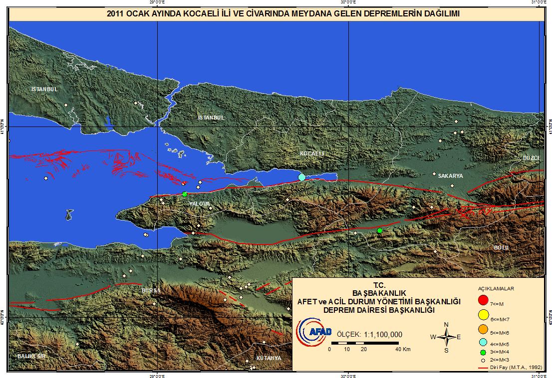 Tablo 1.1 2011 Ocak ayı içerisinde meydana gelen M 4.0 olan depremler Zaman (UTC) Enlem (K) Boylam (D) Büyüklük Yer 02/01/2011 04:18 34.1418 28.5686 4.3 AKDENIZ 02/01/2011 13:14 37.1023 42.9685 4.